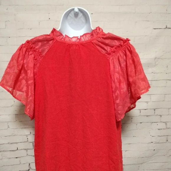 Umgee size Small Coral Orange Flutter Sleeves Tie Neck Top Blouse Boho - Picture 3 of 8